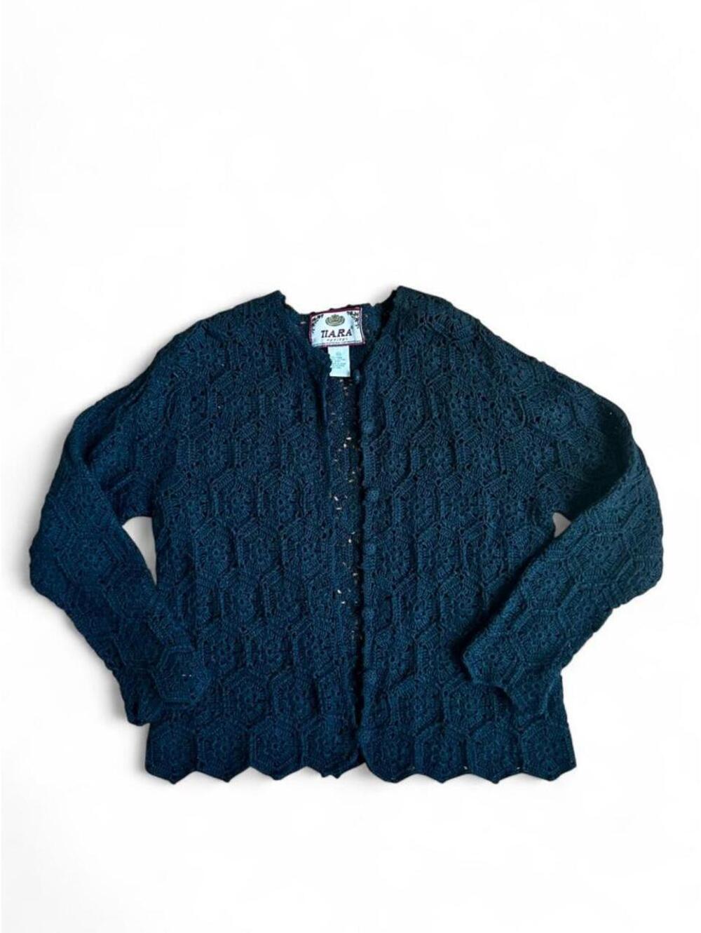 Vintage 90s Tiara Black crochet cardigan with button up front and scalloped hem